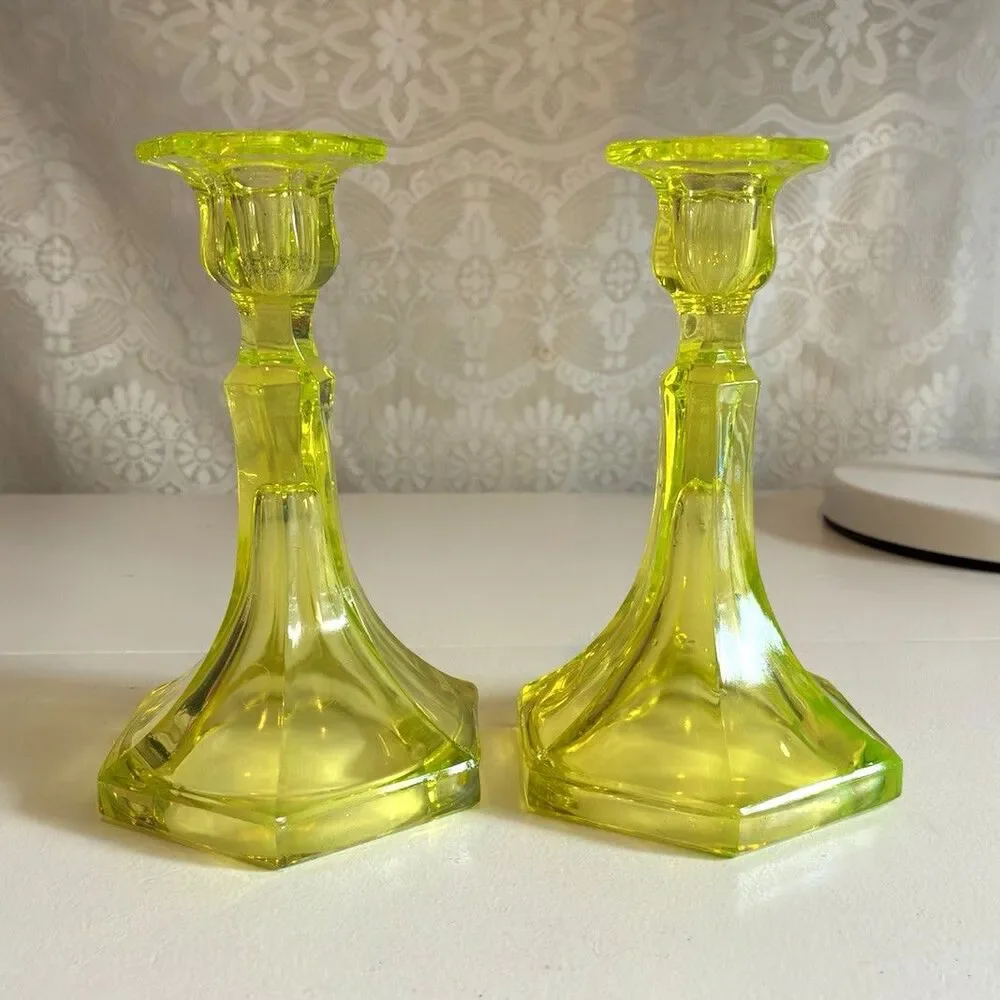 Vintage Antique Uranium Vaseline Glass Candlestick Set of 2 UV Taper Candles